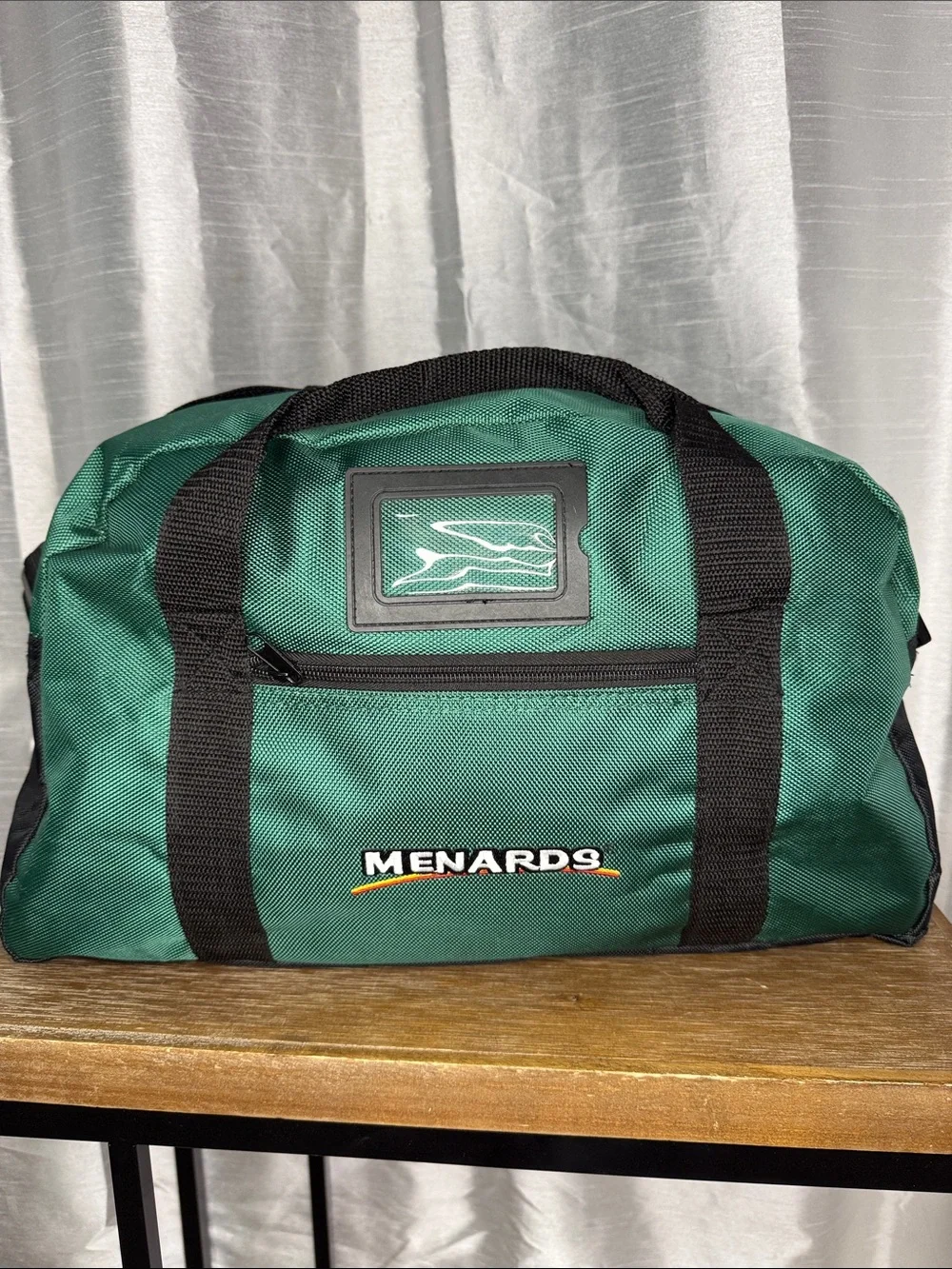 Menards Duffel Tool Travel Bag ID Slot Green Embroidered Logo 2 Zipper Closure
